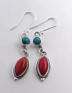 4.70Gm 925 Sterling Silver Lab-Created Coral & Turquoise Cab Earring 1.8"M-729/4 - Picture 1 of 1