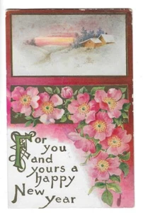 Cartolina d'epoca per te e per te un felice anno nuovo disegno floreale biglietto di auguri - Foto 1 di 2