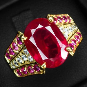 Classically Blood Red Ruby Oval 5.70Ct 925 Sterling Silver 24K Gold Plated Rings - Picture 1 of 9
