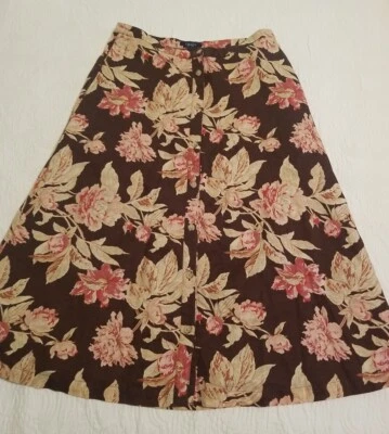 Falda Vintage Chaps Marrón Floral Lino Línea A Talla 6 Abotonada Foto 1 de 4