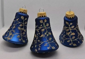 Drei Vintage KREBS blau mundgeblasene GLASGLOCKE Form Gold GLITZER Weihnachtsschmuck - Bild 1 von 19