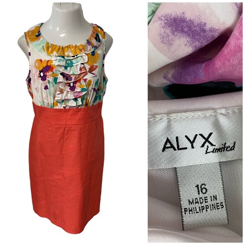 Abito donna Alyx taglia 16 floreale arancione volant ufficio lavoro chiesa data picnic