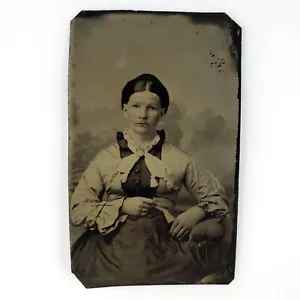 Serious Media Età Donna Tintype c1870 Antico Piatto 1/6 Donna Ragazza Foto D947 - Foto 1 di 2