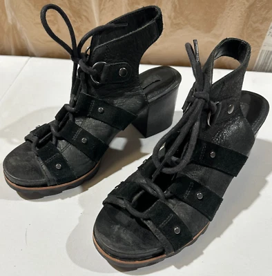 Sorel Addington Sandal Heels Sz 7 Black Leather Suede Lace Up Gladiator Block - Image 1 of 4