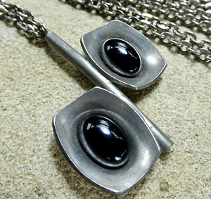vintage signed Jorgen Jensen Denmark modernist pewter glass pendant necklace K32 - Picture 1 of 6