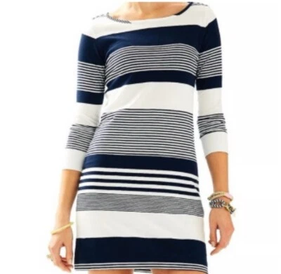 Vestido Lilly Pulitzer XXS XS Preppy Rayas Algodón Elástico Blanco Azul Marino Náutico Foto 1 de 4