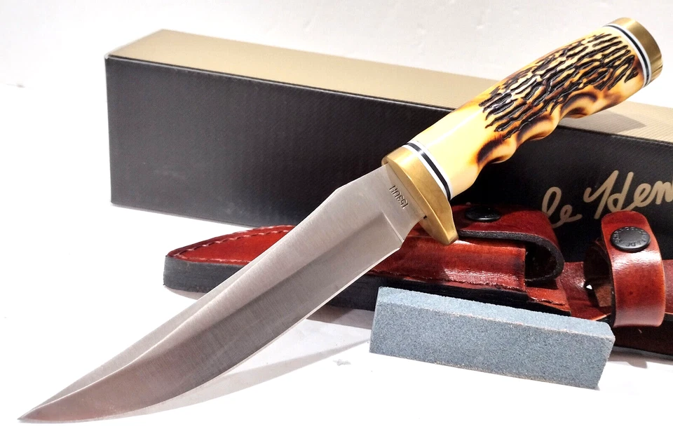 Bainha de couro Schrade Uncle Henry Golden Spike faca de esfolar pedra afiada - Imagem 1 de 4