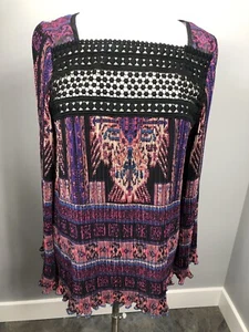Nanette Lepore Purple Ethnic Print Boho Peasant Top Pleated Lace SZ M Made NYC - Picture 1 of 8