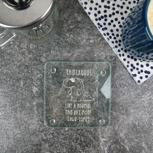 Taidsaurus Dinosaur Square Glass Coaster Gift for Taid, Welsh Grandad, Grandpa - Picture 1 of 20