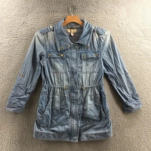 Michael Kors Anorak Denim Jacket Women M Blue Cotton Long Sleeve Collared Snap - Picture 1 of 18