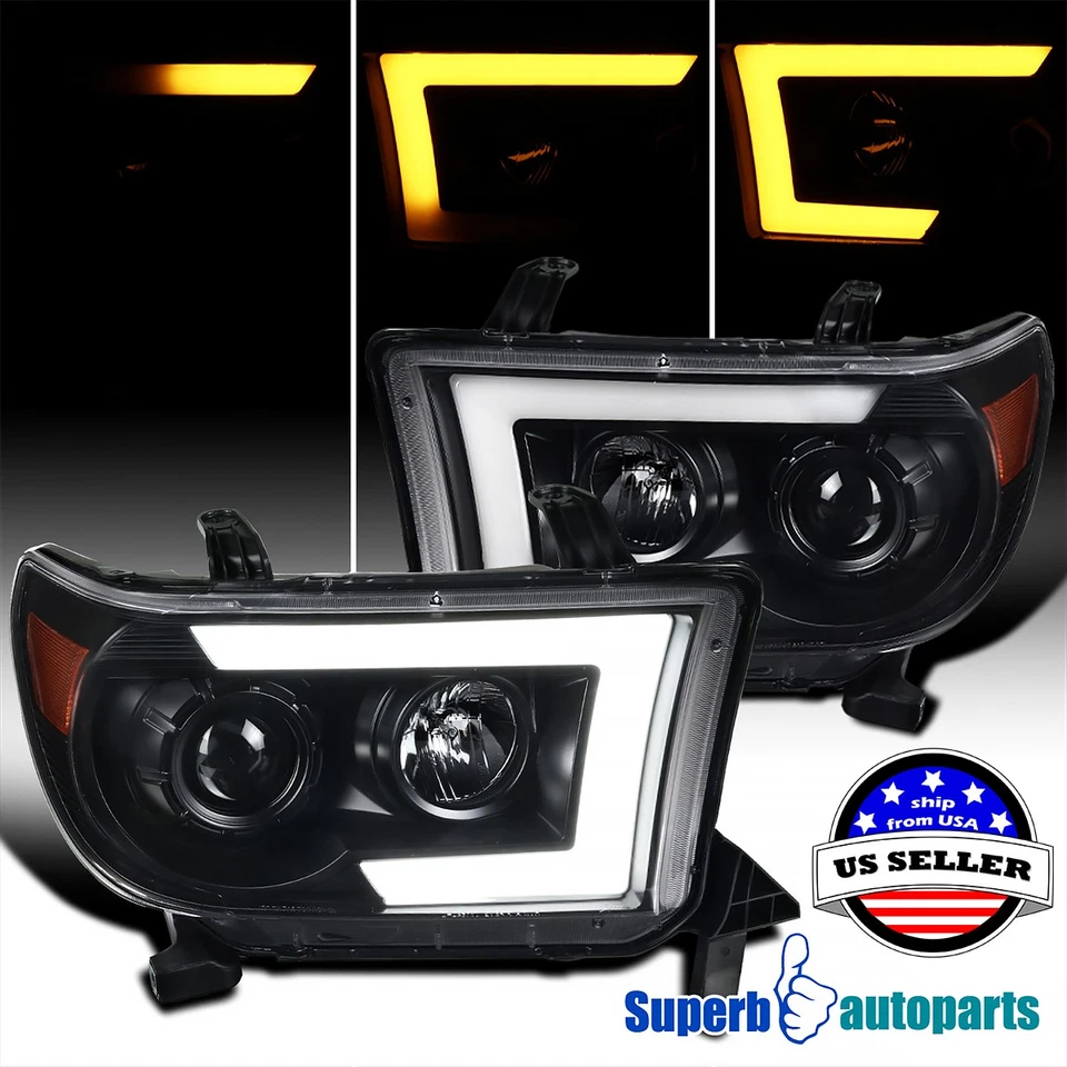 Fit 2007-2013 Toyota Tundra Sequoia Black Projector Headlight Sequential LED Bar - Image 1 of 4