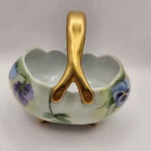 Vintage Porzellan handbemalter Schmuckkorb mit lila Veilchen & Goldakzenten - Bild 1 von 5