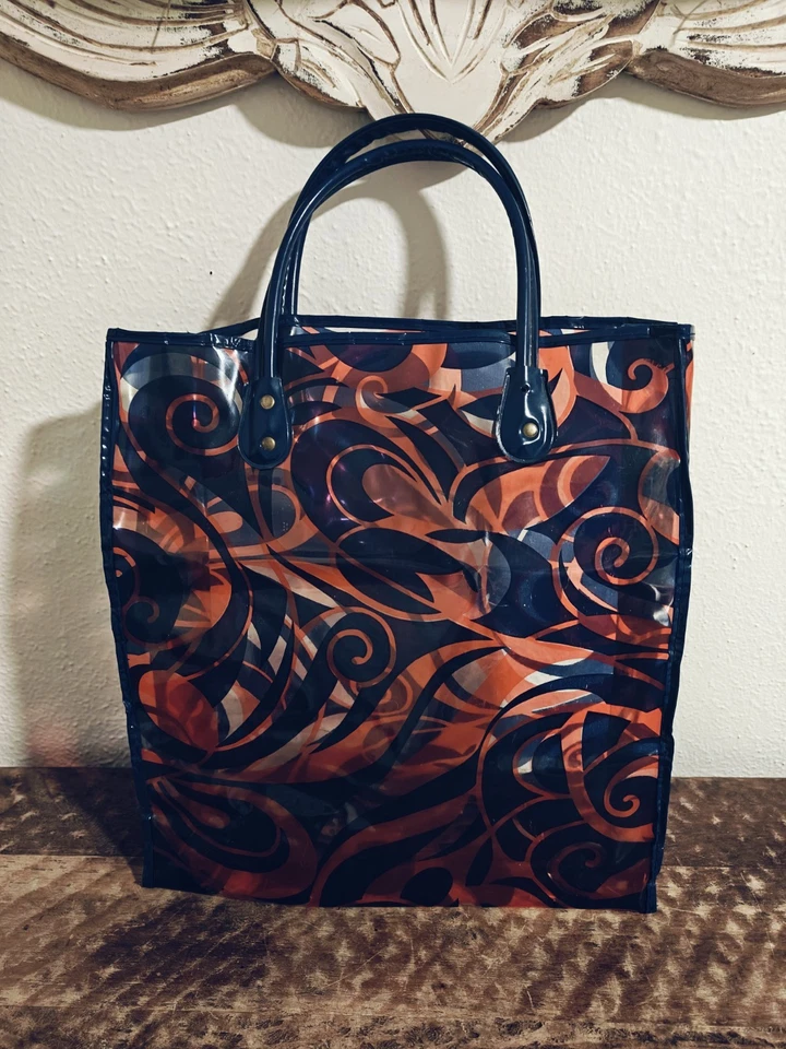 Vtg 60s 70s Shopping Tote Bag Vinyl Plastic Flower Power MCM Psychedelic  - Image 1 of 4