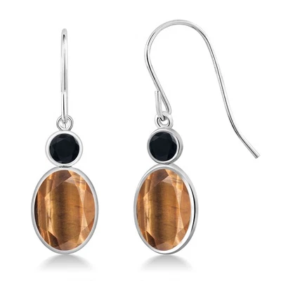 14K White Gold Brown Tiger Eye and Onyx Hook French Fish Ear Wire Dangle - Image 1 of 3