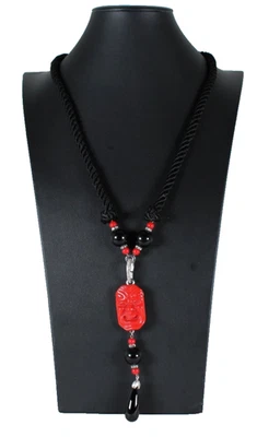 YVES SAINT LAURENT Vintage Black Rope, Bead & Red ASIAN MASK Drop Necklace 18.5" - Image 1 of 4
