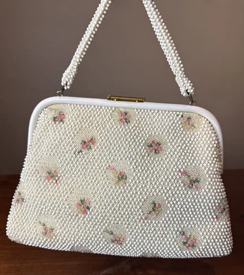 Vintage Lumured Beaded Purse Ornate White with Pink Flowers Handbag - Image 1 of 4