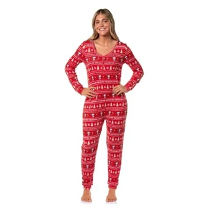 Peanuts Snoopy Einteiler Waffelstrick Pyjama rot Weihnachten Motiv Damen Gr. M - Bild 1 von 6