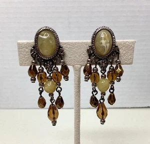 Vintage Dangle Earrings Cream Slag Cabachon Cream and Brown Beads 2" - Picture 1 of 8