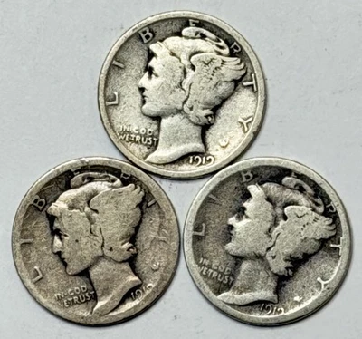 Lote de 3 monedas de diez centavos Mercury 1919 P, D y S **XKMXX2019 Foto 1 de 4