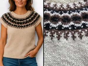 Gilet maglione maglia a mano islandese lana Lopi panna/marrone! M - Foto 1 di 5