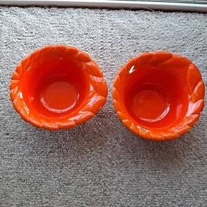 Vtg MCM California Pottery Lugged 1 Handle Bowl Orange Glaze Pair - Picture 1 of 4