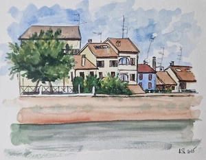 Original watercolor painting italian cityscape summer landscape 7x9.5" artwork - Picture 1 of 6