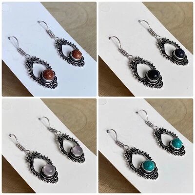 Gemstone Drop Earrings Sterling Silver 925 Plated Turquoise Quartz Goldstone - Image 1 of 4