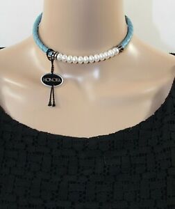 Honora Pearl Braided Blue Leather Silver Beads Coil Necklace Choker NEW 