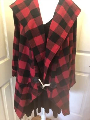 Red & Black Plaid Cotton Hooded Jacket Medium Toggle Closure Asymetrical Bottom - Image 1 of 4
