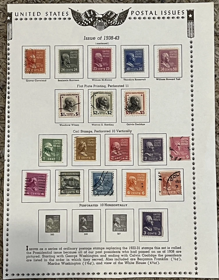 1938-1943 US PRESIDENTIAL SERIES STAMPS ON ALBUM PAGE $1 $2 $5 HIGH DENOMINATION - Image 1 of 1