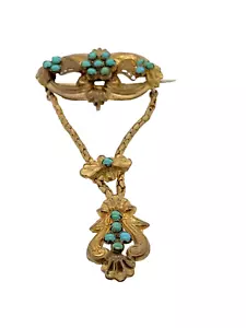 antica spilla vittoriana oro, pinchbeck? turchese pendente goccia 8 cm dichiarazione - Foto 1 di 11