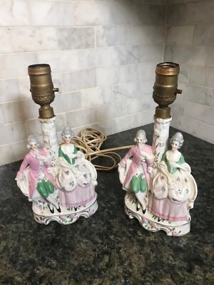 PAIR OF ANTIQUE GERMAN PORCELAIN FIGURAL LAMPS BOUDOIR Cottage Core - Image 1 of 4
