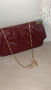 Vtg Burgundy Fiorenza Genuine Ostrich Leather Handbag Purse Clutch