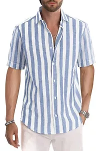 Mens Summer Casual Stylish Short Sleeve Button-Up Collared Shirts Cotton Line... - Picture 1 of 9