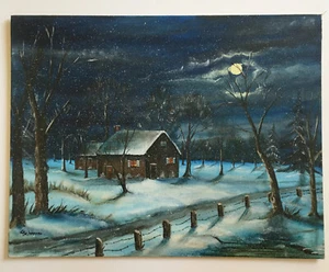 Painting Moonlit Winter Scene Cozy Cottage in the Country - Picture 1 of 8