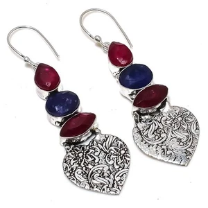 Red Simulated, Blue Jade Gemstone 925 Sterling Silver Jewelry Earring 2.56" - Picture 1 of 5