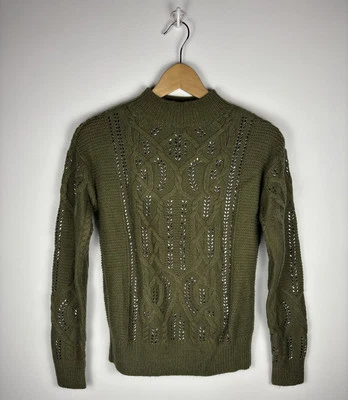 White House Black Market Women Cable Knit Sweater Olive Green Beaded Sz SM Fairy - Image 1 of 4