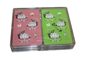 Vtg Whitman Sealed Double Deck Playing Cards Pink  Green House & Roosters Sealed - Picture 1 of 4