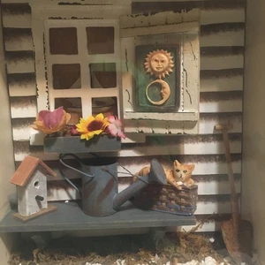 Framed 3D Diorama Shadow Box Flower Cottage Country Farmhouse Core Garden Cat - Picture 1 of 11