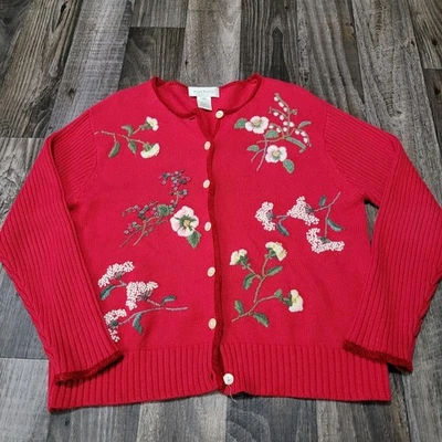 Vintage Susan Bristol Sweater Womens XL Mistletoe Red Hand Embroidered Cardigan - Image 1 of 4