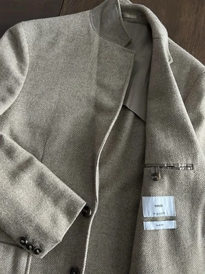 Mango Herringbone Wool Beige Sartorial Blazer Jacket Field Country Brit Elegant - Image 1 of 4