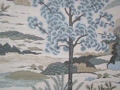 Thibaut DAINTREE Aqua Tan Grey Linen Cot. blend Fabric 59" x56"w Trees Landscape - Image 1 of 4