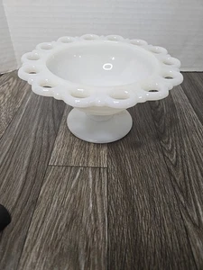 Vintage ANCHOR HOCKING Open Lace White Milk Glass Bowl on Pedestal Base - Picture 1 of 6