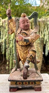 Antica divinità cinese del XIX secolo Nezha Loto principe intagliato in legno statua Buddha - Foto 1 di 16