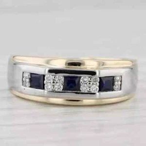 Simulated Sapphire Princess Cut Men Wedding Band Ring 14k Silver Gold Finish - Picture 1 of 7