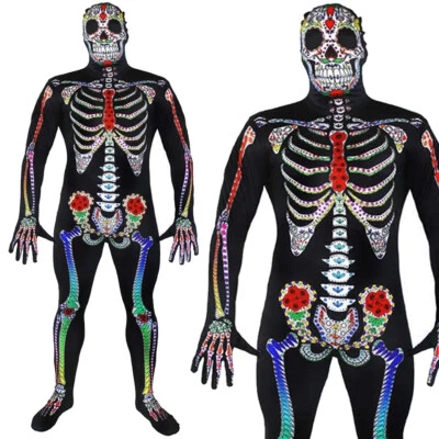DAY OF THE DEAD SUGAR SKULL SKELETON SKIN SUIT HALLOWEEN MEXICAN FANCY DRESS - Image 1 of 4