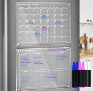 Magnetic Acrylic Clear Calendar for Fridge 2 Pack 12"x16" Monthly&Weekly Planner - Picture 1 of 7
