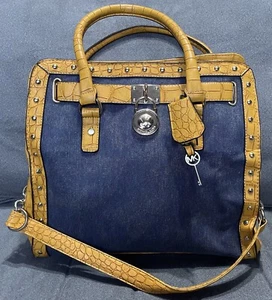 Michael Kors MK Blue Denim Yellow Crocodile Embossed Trim Satchel Tote Bag - Picture 1 of 13