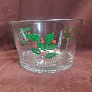 Indiana Glass Christmas Clear Serving Bowl Ice Bucket Holly with Red Berries - Picture 1 of 6