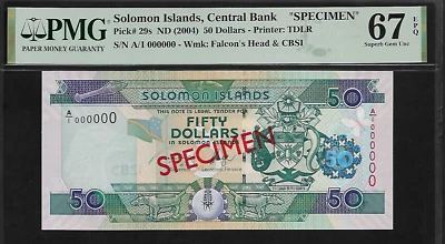 Solomon Islands 50 Dollars 2004 SPECIMEN PMG 67 EPQ UNC P#29s Central Bank - Image 1 of 4